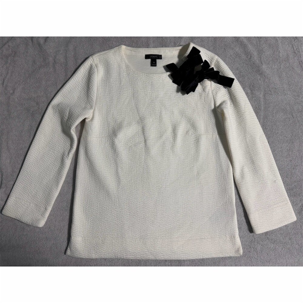 J.Crew Sweatshirt Womens XS Ivory Textured Pullover Black Velvet Bow